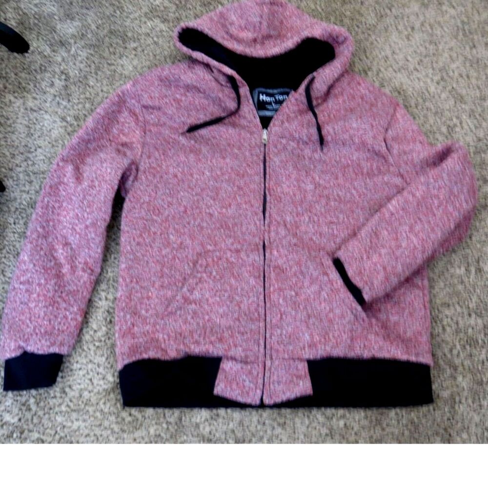 LeeHanton Mens Heavyweight Sherpa Lined Zip Up Hoodie Jacket Red Melange Size L - Picture 2 of 9